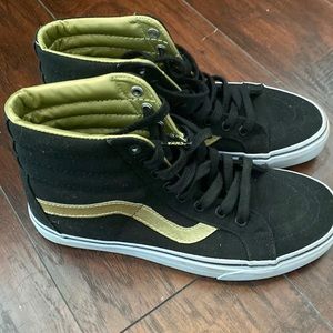 Vans black and gold anniversary high top, mens 7.5 womens 9